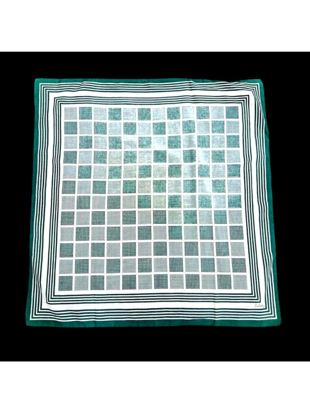 Vintage Echo Green White Stripe Grid Cotton Square Scarf 25x26 - Picture 6 of 9